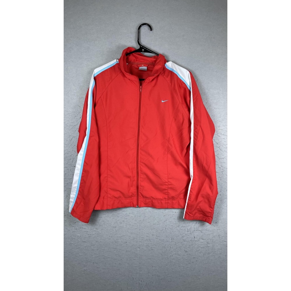 Nike Jacket Womens Large Red White Track Full Zip‎ Athletic Running Windbreaker